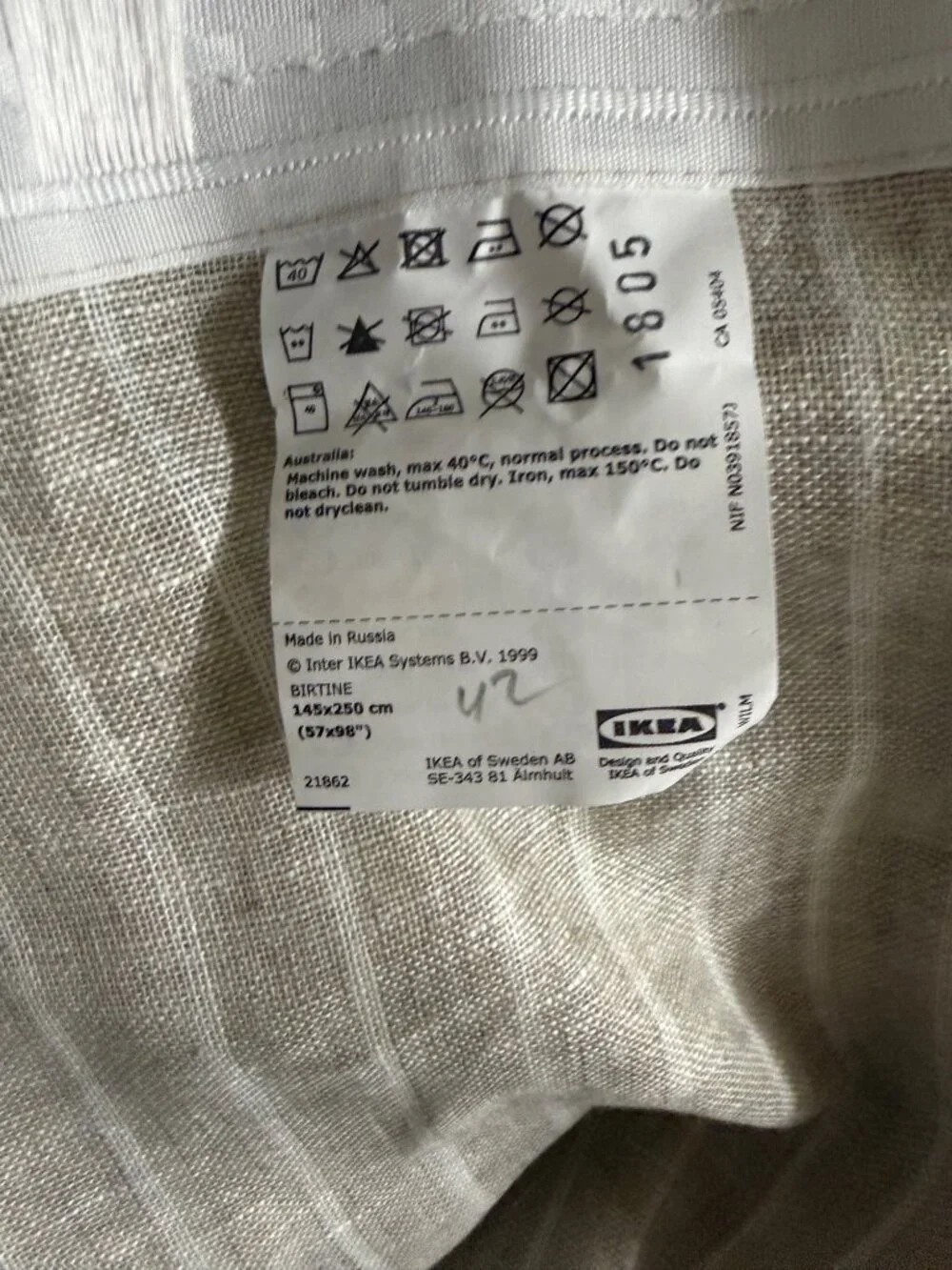 Ikea Birtine Beige Stripe 100% Linen Curtain Panel 57